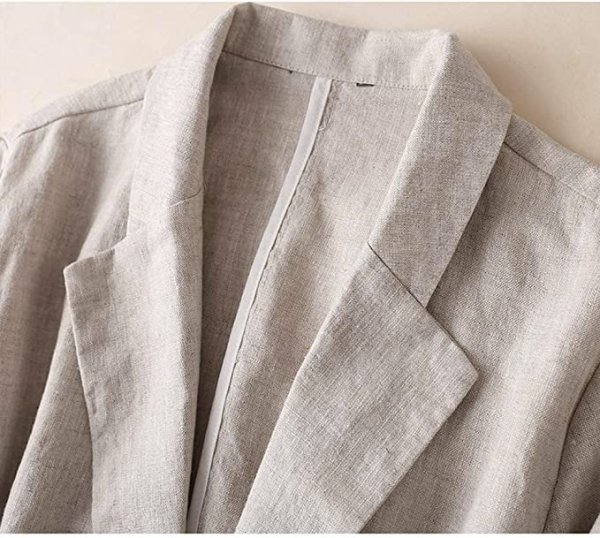 Womens Cotton Linen Blazer Notch Lapel One Button Suit Coat Jackets