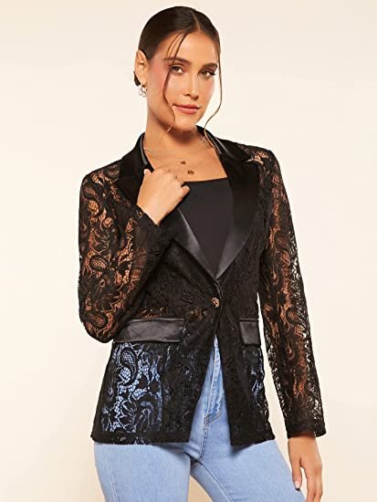 Women's Floral Lace Mesh One Button Lapel Neck Long Sleeve