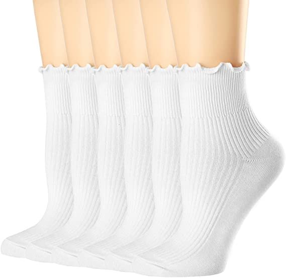 Womens Socks, Breathable Cool Knit Cotton Lettuce Crew Frilly Sock (6 Pairs)